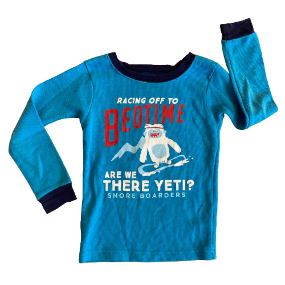 Carter's 3T pajama top blue RACING OFF TO BEDTIME ARE WE THERE YETI